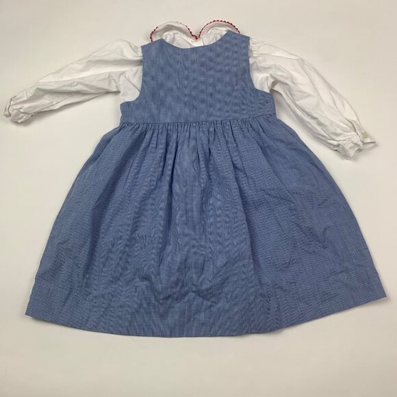 Silly Goose Smocked Toddler Dress Embroidered Dolls White Shirt & Blue Pinafore - Picture 5 of 6